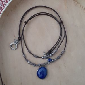 Blue stud and leather necklace